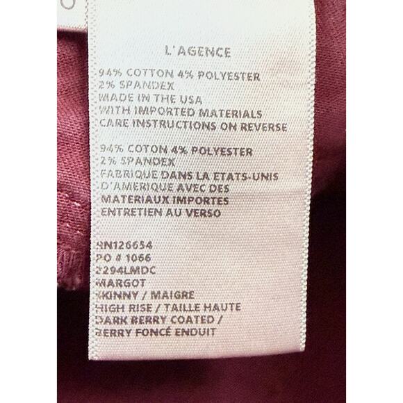 L'Agence Margot Skinny Jeans sz 26 Dark Berry - Wax Coating Faded- Size 26x26 - Picture 13 of 15
